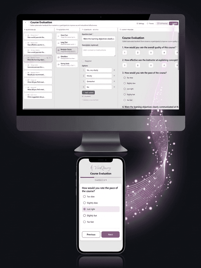 VeriQuery survey workflow — build, share, and analyse surveys in minutes