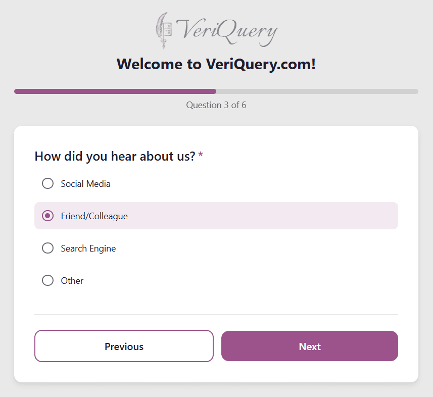 VeriQuery survey respondent view — clean, one-question-at-a-time survey experience on mobile and desktop